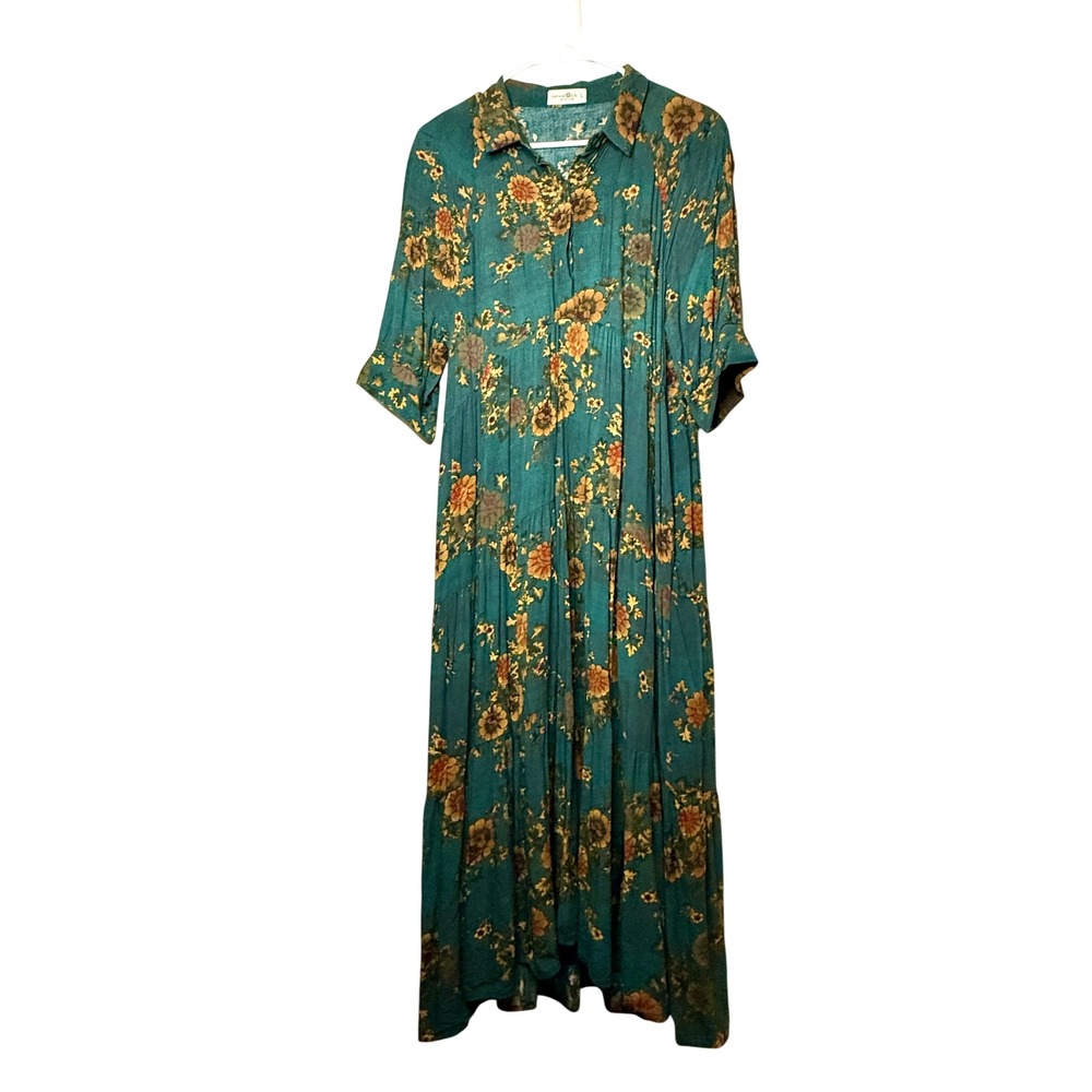 Natural Life Rebecca Midi Dress Teal Orange Clusters Floral Boho Tiered Large